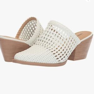 WOVEN MULE SLIDES BLOCK ANGLE HEEL SIZE 9 TAUPE EUC